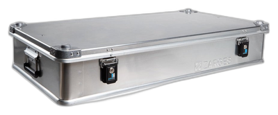 ZARGES K470-380031 flat aluminum case, closed, three-quarter view with latches and end handle