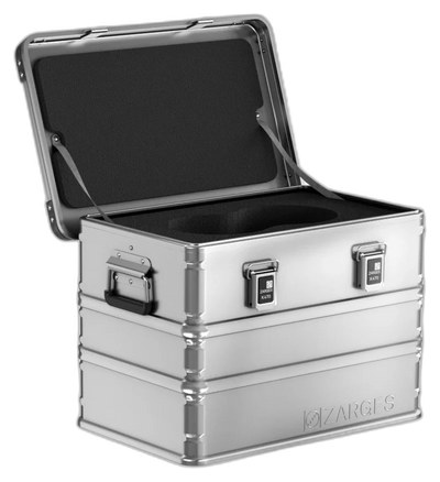 ZARGES K470-40564 case with lid open, black foam lining the lid and a cut-out foam insert in the base