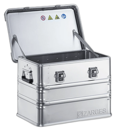ZARGES K470-40564 aluminum case with lid open on hinge straps, empty interior