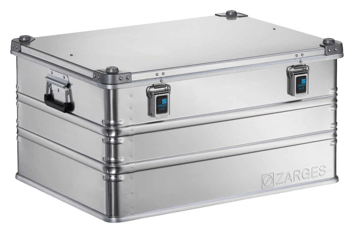 ZARGES K470-40565 large aluminum case, closed, front three-quarter view with latches and side handle