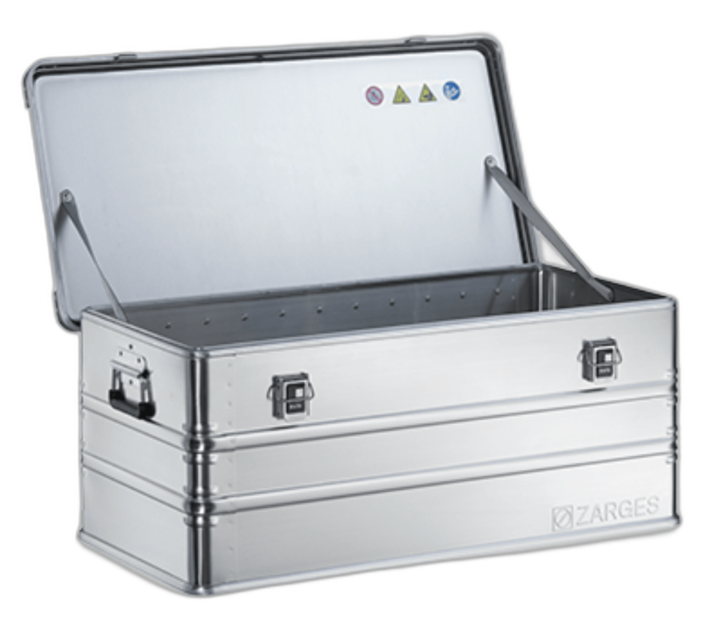 ZARGES K470-40567 aluminum case open and empty, lid held by stay straps