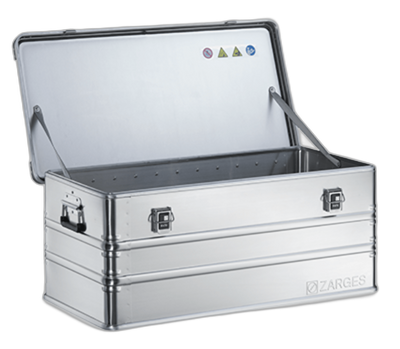 ZARGES K470-40567 aluminum case open and empty, lid held by stay straps