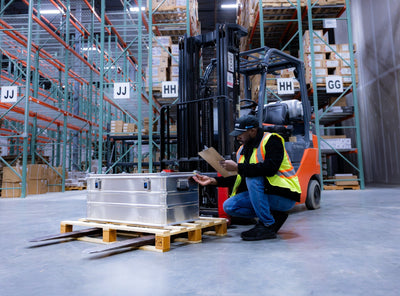 Worker kneeling with a clipboard beside a ZARGES K470-40567 aluminum case on a wooden pallet
