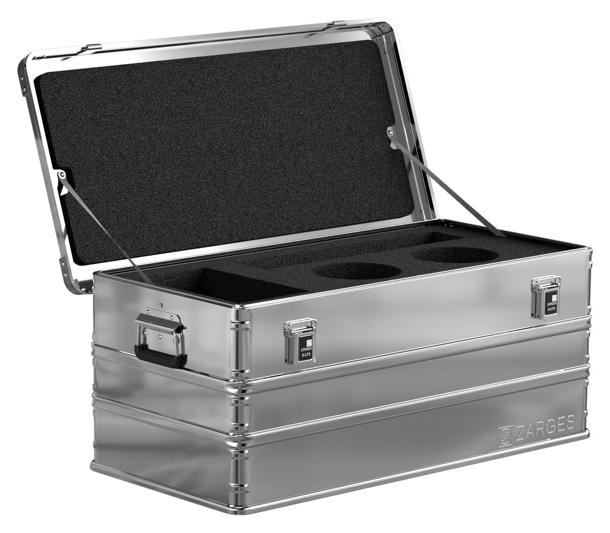 ZARGES K470-40567 open with round cutouts in black foam and foam-lined lid