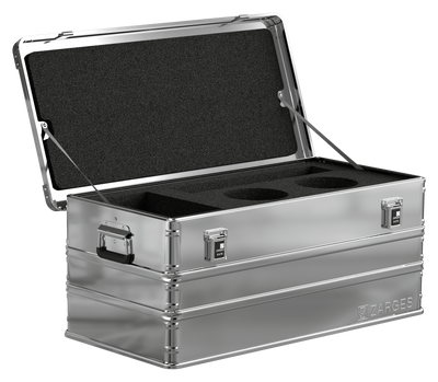 ZARGES K470-40567 open with round cutouts in black foam and foam-lined lid