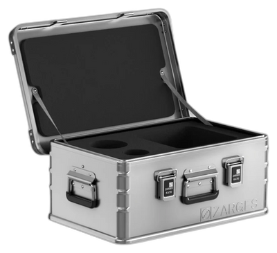 ZARGES K470-40568 open with a black foam insert cut with round and rectangular pockets