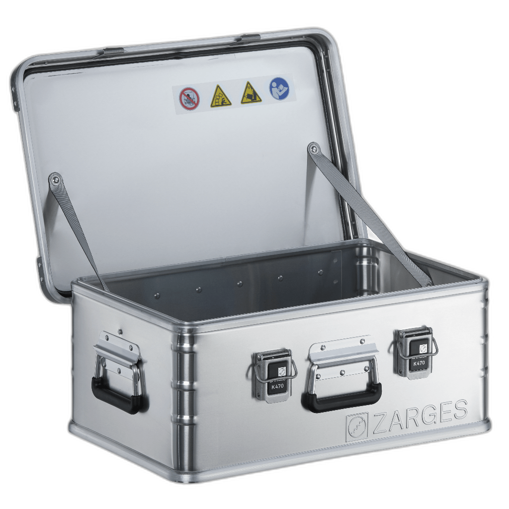 ZARGES K470-40568 aluminum case open and empty with lid stays and warning decals