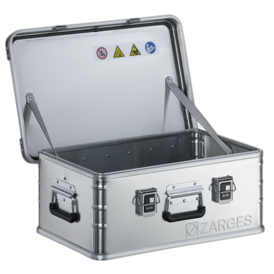 ZARGES K470-40568 aluminum case open and empty with lid stays and warning decals