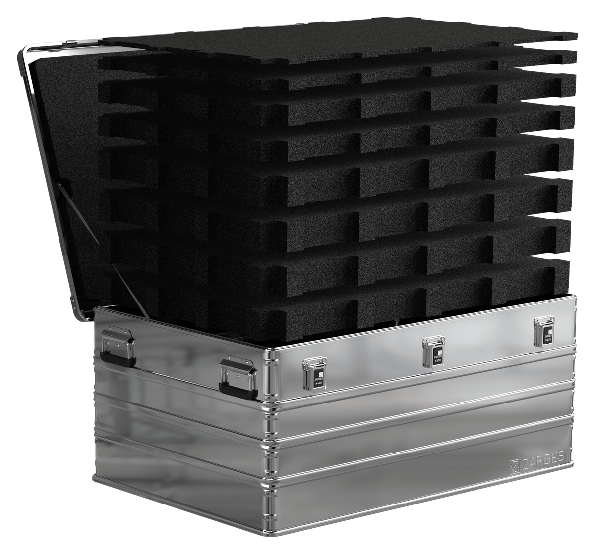 ZARGES K470-40580 case with stacked layers of cubed foam fill rising out of the open case