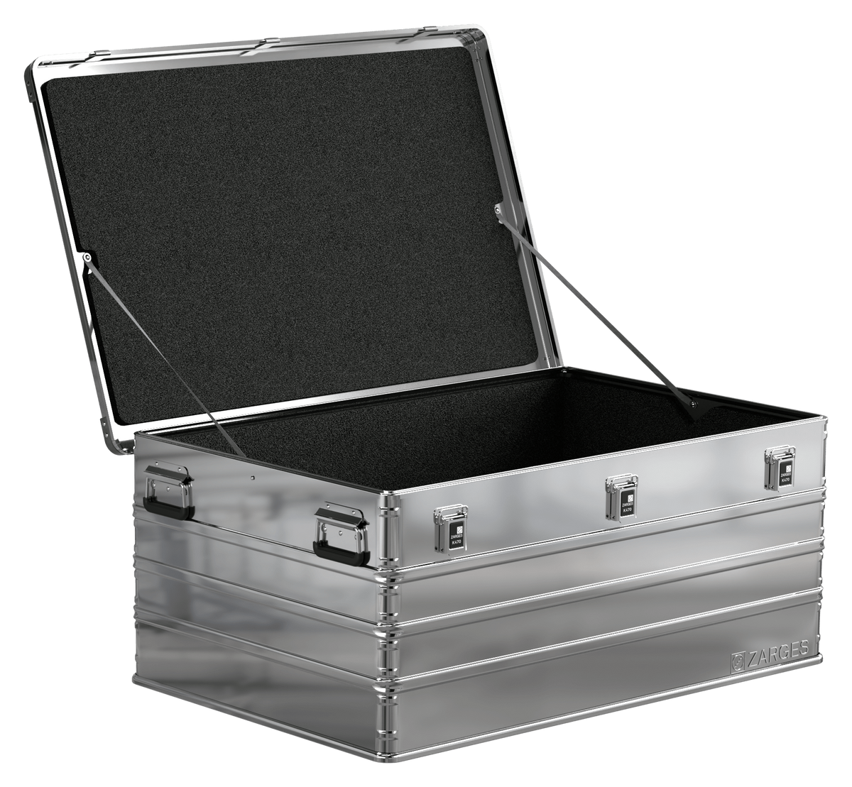 ZARGES K470-40580 case open with foam-lined lid and foam-lined interior walls