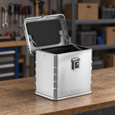 ZARGES K470-40677 aluminium case open on a workbench with the foam liner fitted