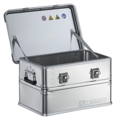 ZARGES K470-40678 case with lid open, empty interior and safety labels inside the lid