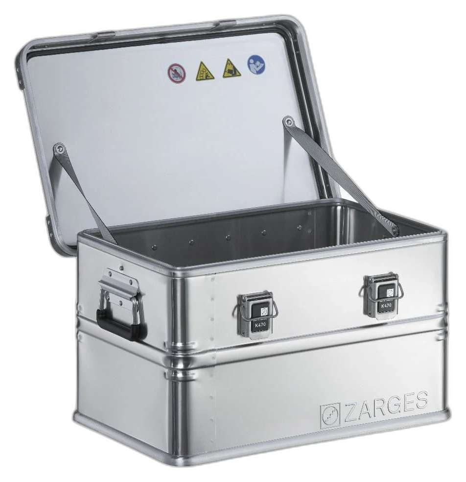 ZARGES K470-40678 case with lid open, empty interior and safety labels inside the lid