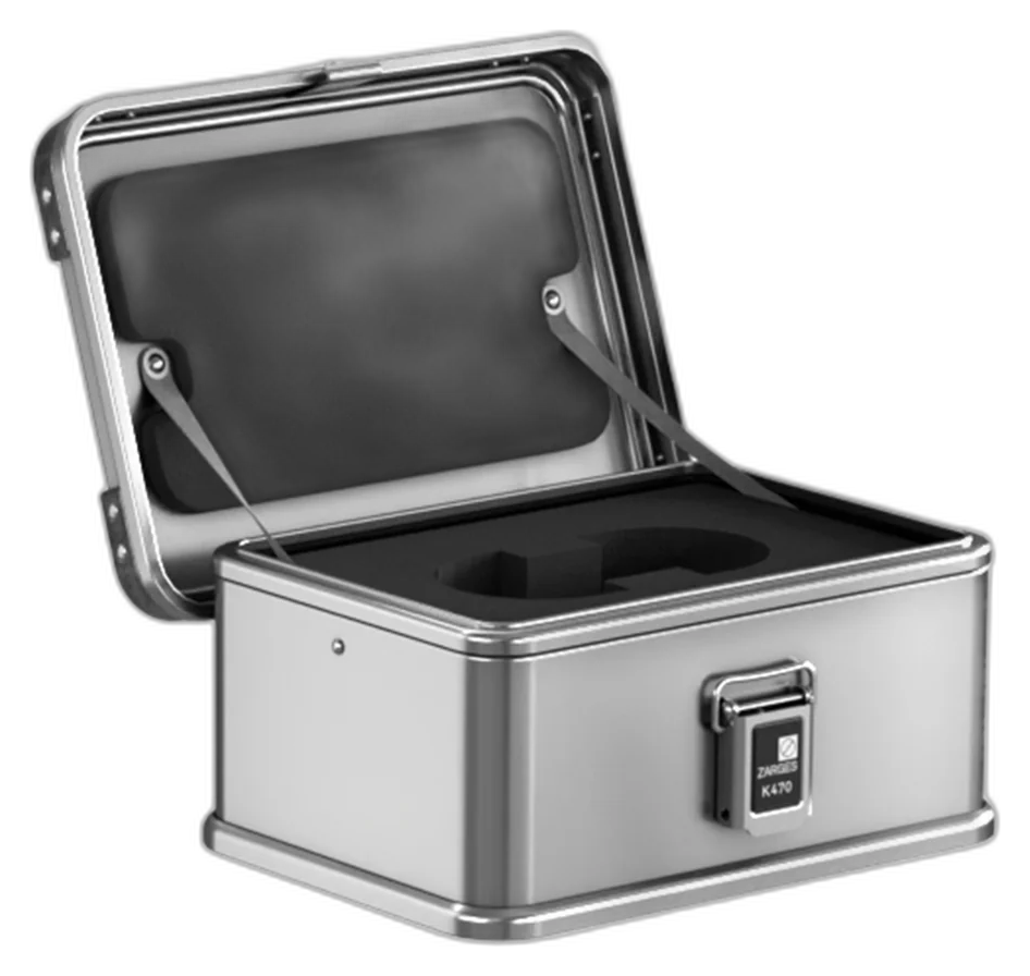 ZARGES K470-40835 open with custom-cut black foam insert and foam-lined lid