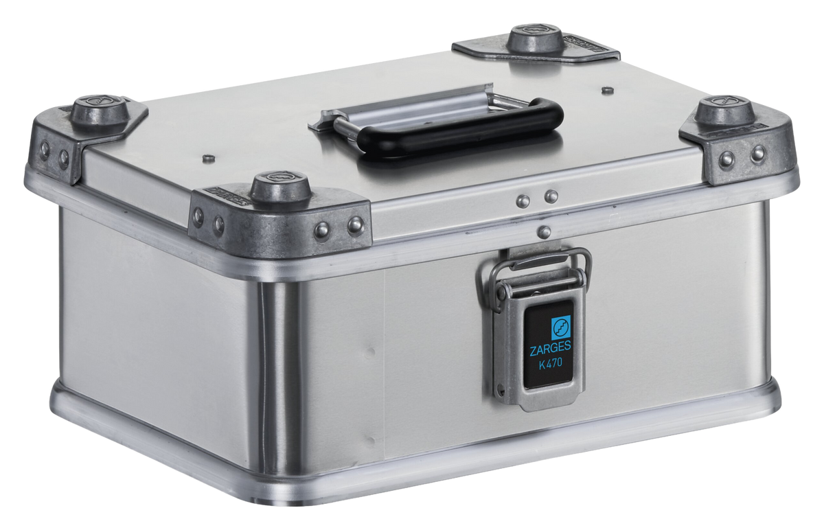 ZARGES K470-40835 small aluminum case, closed, front three-quarter view with lid handle
