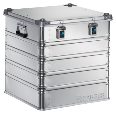 ZARGES K470-40836 tall aluminum case, closed, front three-quarter view with latches and side handle