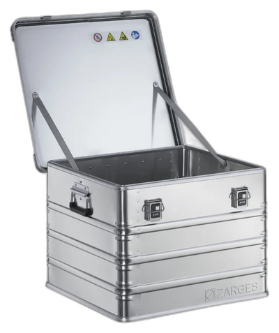 ZARGES K470-40839 aluminum case open and empty, lid propped on two stays