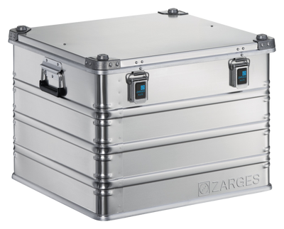 ZARGES K470-40839 aluminum case, closed, front three-quarter view of the tall ribbed body
