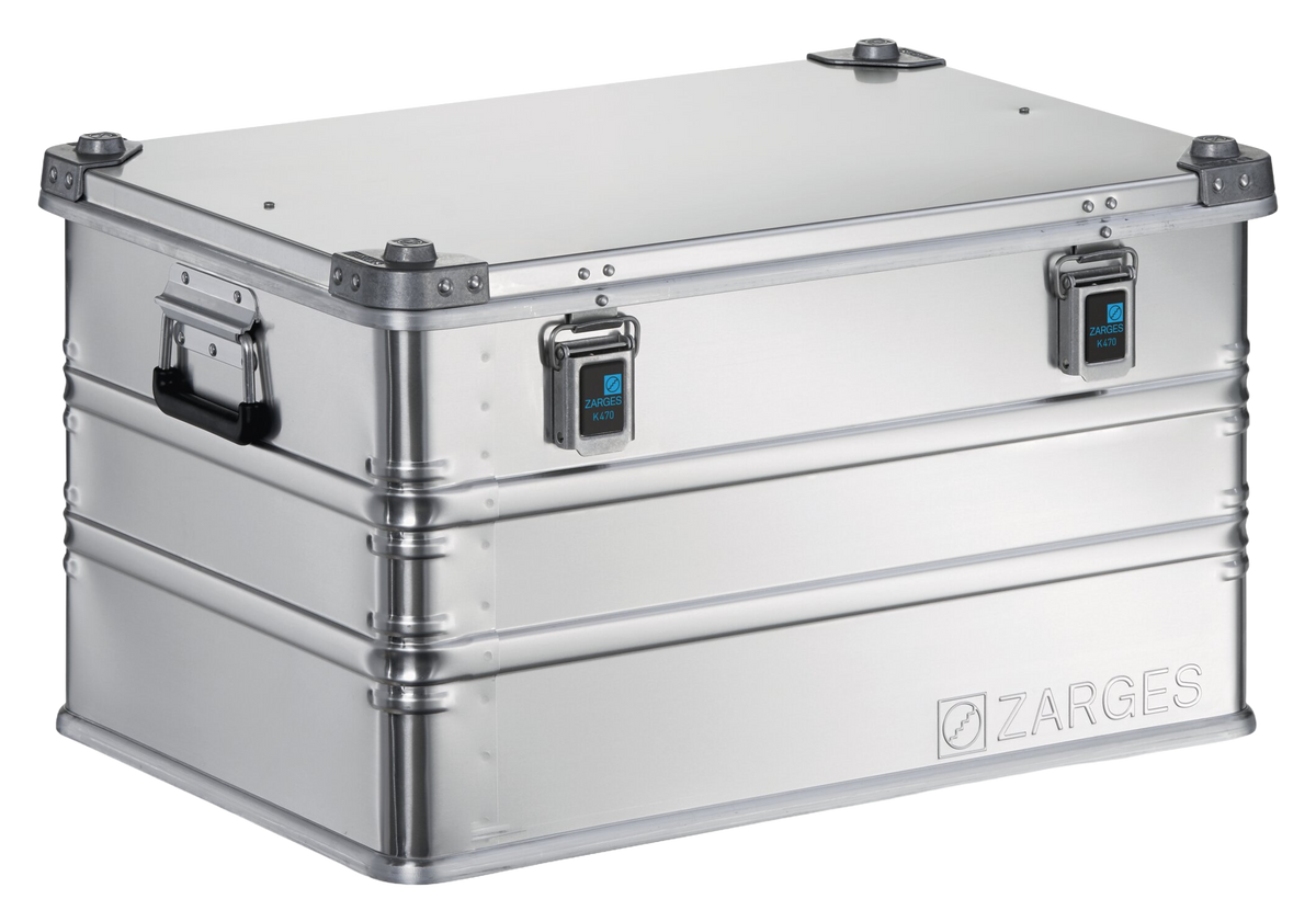 ZARGES K470-40841 aluminum case, closed, front view with two latches and side handle