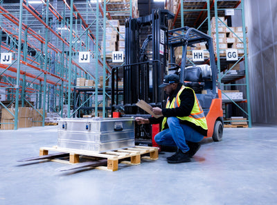 Warehouse worker with a clipboard checking a ZARGES K470-40842 case on a pallet by a forklift
