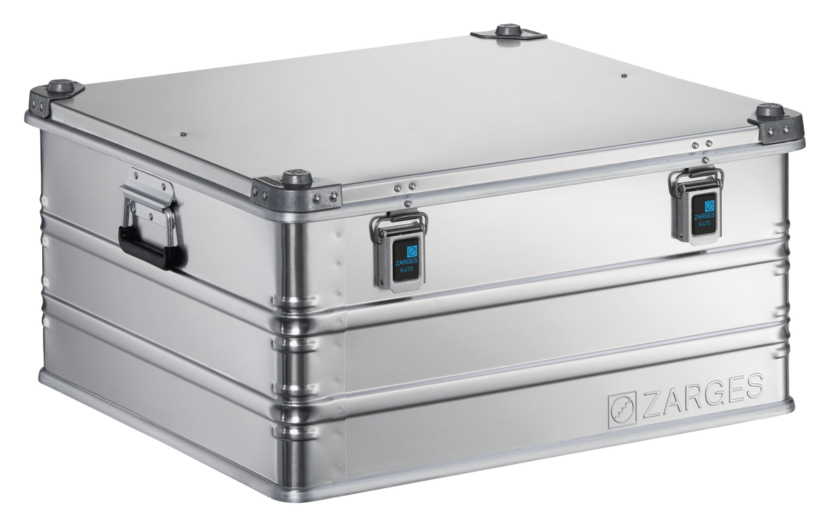 ZARGES K470-40842 aluminum case, closed, front three-quarter view showing latches and folding side handle