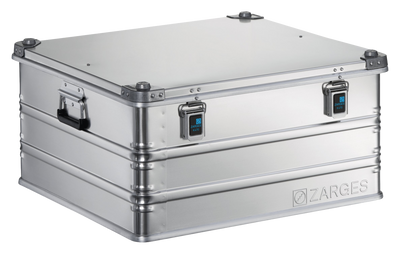 ZARGES K470-40842 aluminum case, closed, front three-quarter view showing latches and folding side handle