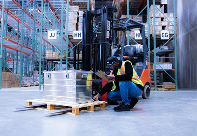 Worker kneeling to inspect a ZARGES K470-40844 case on a pallet in a warehouse