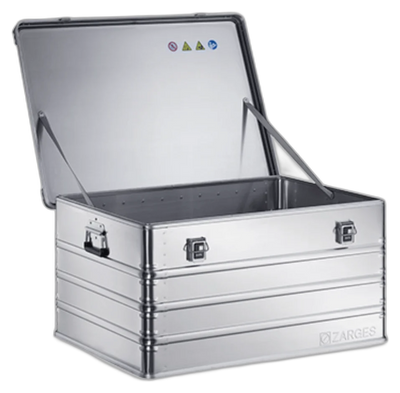 ZARGES K470-40846 aluminum case with lid open on hinge straps, empty interior