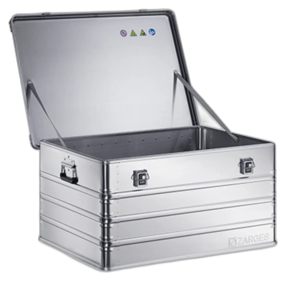 ZARGES K470-40846 aluminum case with lid open on hinge straps, empty interior