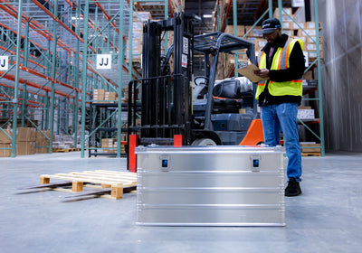 ZARGES K470-40846 case on a warehouse floor in front of a forklift and a worker reading a clipboard