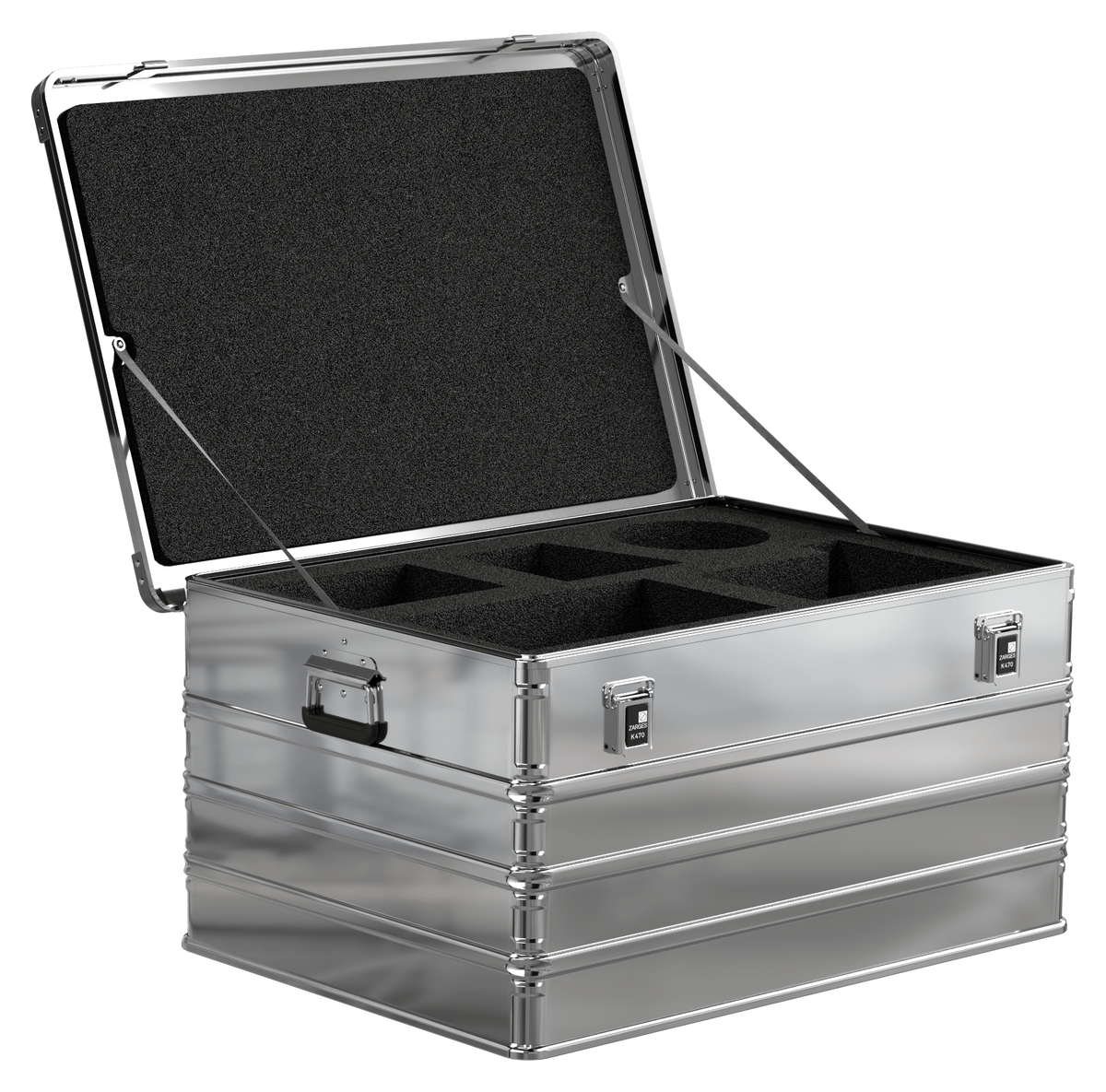 ZARGES K470-40846 case with lid open, foam-lined lid and a cut-out foam insert with round pockets