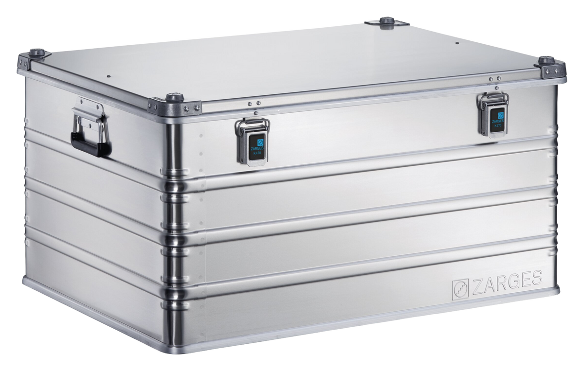 ZARGES K470-40846 large aluminum case, closed, front three-quarter view with latches and side handle