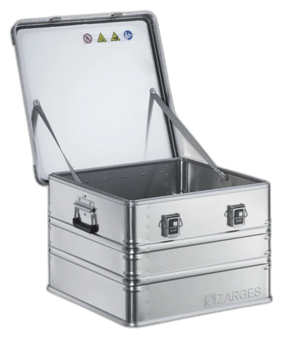 ZARGES K470-40859 aluminum case open and empty, lid propped by two stays