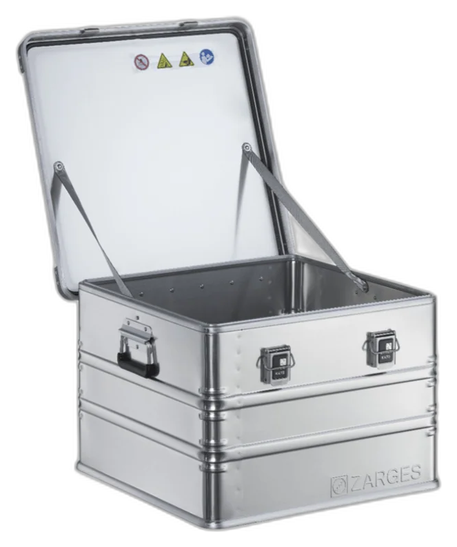 ZARGES K470-40859 aluminum case open and empty, lid propped by two stays