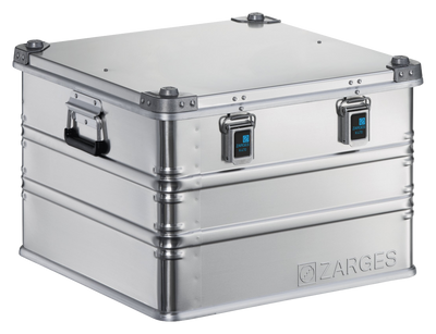 ZARGES K470-40859 aluminum case, closed, front three-quarter view with latches and side handle