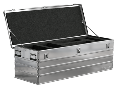 ZARGES K470-40875 case open, black foam in the lid and a cut-out foam insert with compartments in the base