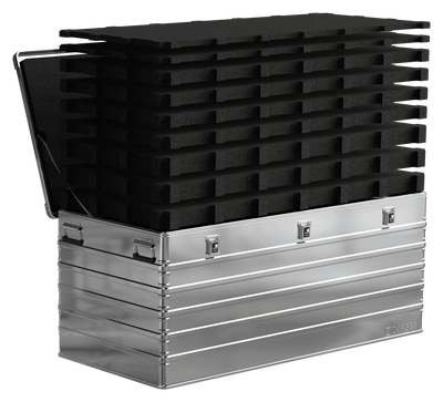 ZARGES K470-40876 open with stacked layers of cubed black foam rising out of the case