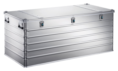 ZARGES K470-40876 large aluminum case, closed, front view with three latches and side handles
