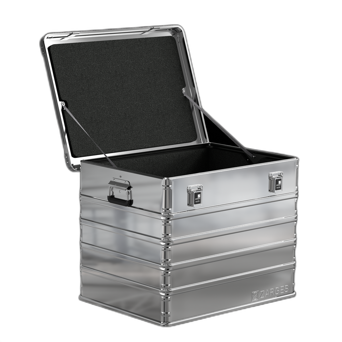 ZARGES K470 Liner - 40566 shown in an open tall K470 case, black lining in the lid and base