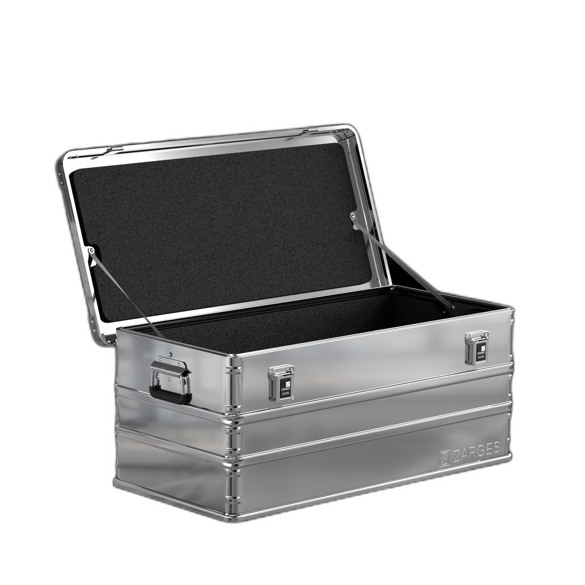 ZARGES K470 Liner - 40567 lining the lid and walls of an open aluminum case, lid on support stays