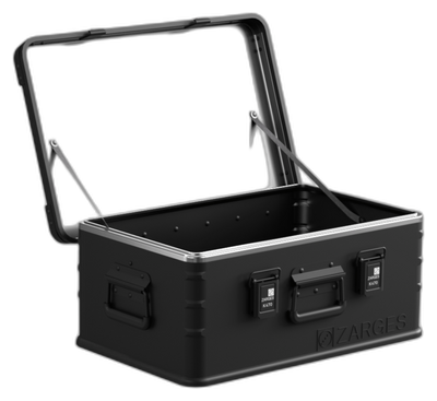 ZARGES K470 Matte Black 31013204 case open and empty, black interior, lid held by support stays