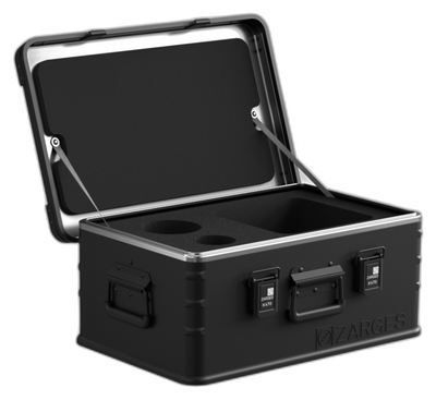 ZARGES K470 Matte Black 31013204 case open, black foam insert cut with round and square pockets