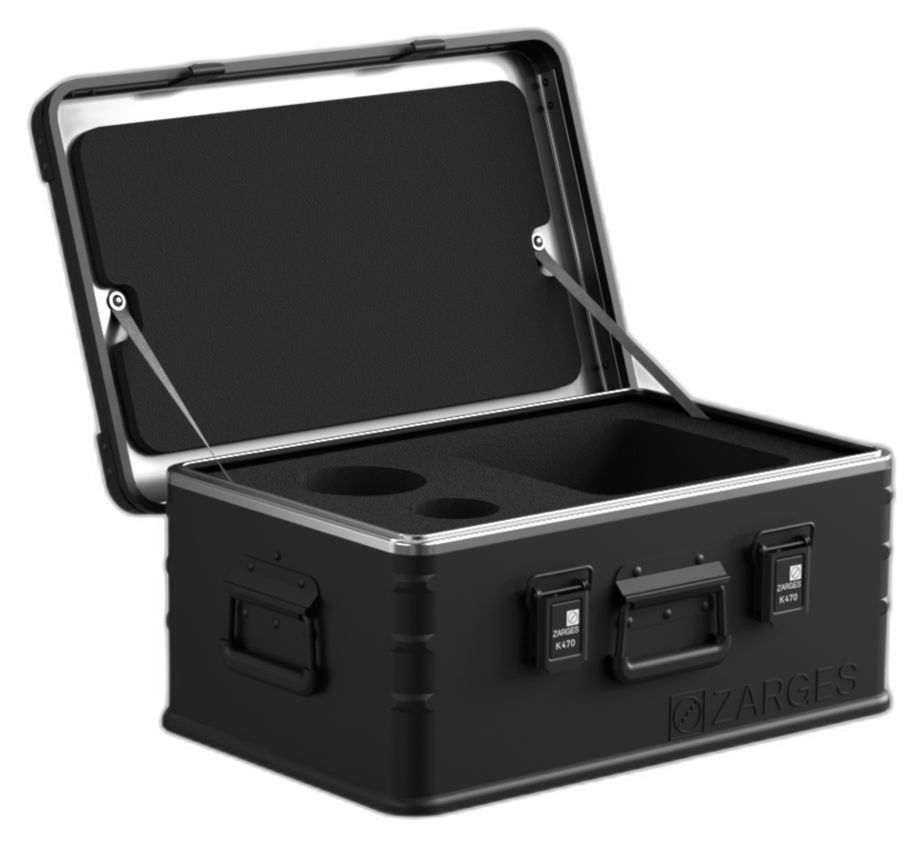 ZARGES K470 Matte Black 31013204 case open, black foam insert cut with round and square pockets
