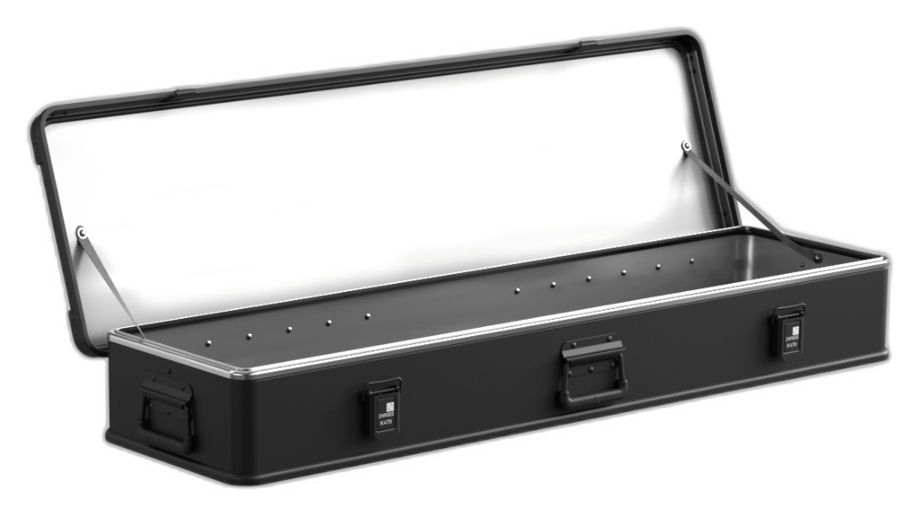 ZARGES K470-Matte Black-31016053 rifle case with lid open on hinge straps, empty interior