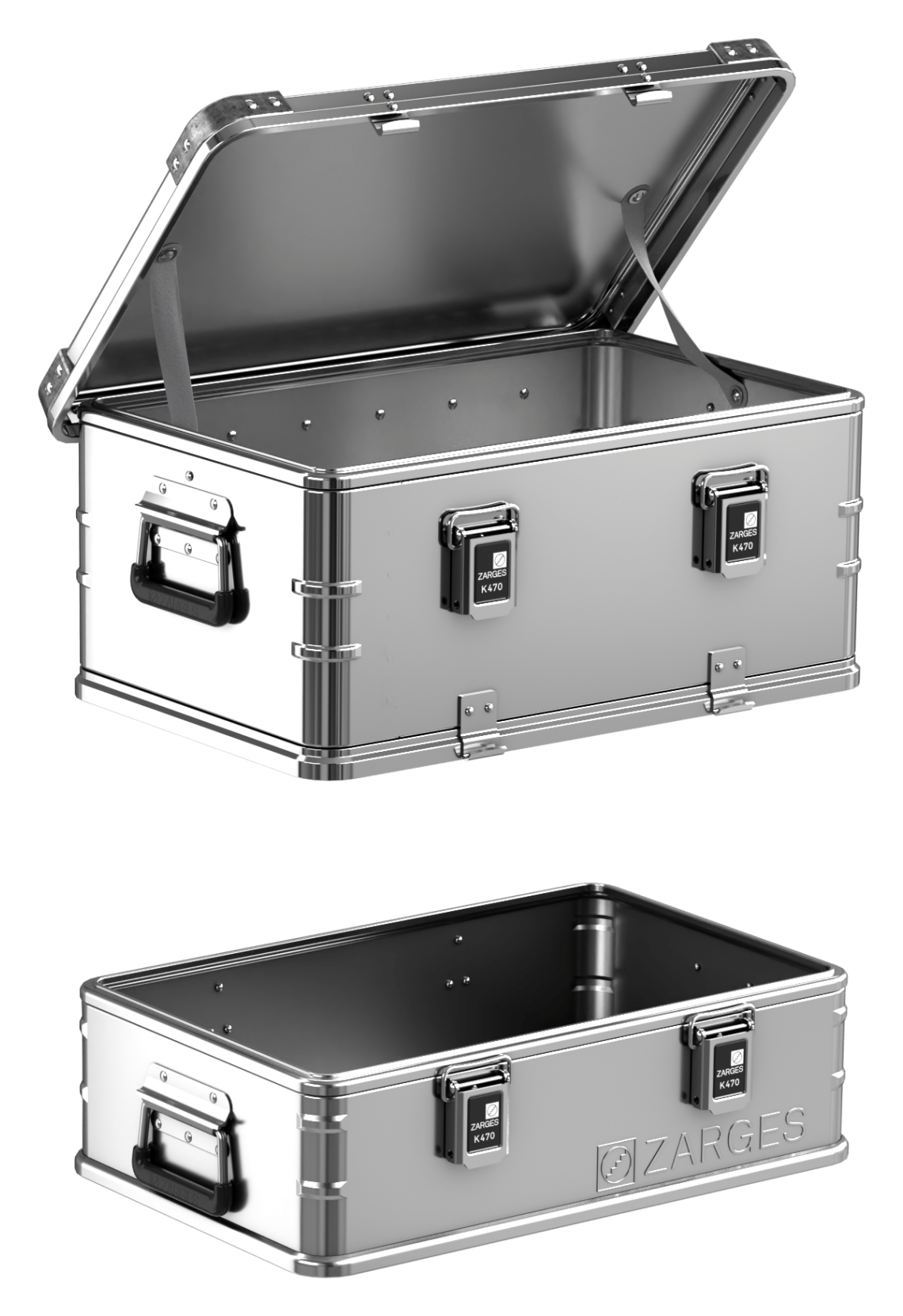 ZARGES K470-Plus Hood Case (units 40500 & 40501), hood with lid open above the separate base tray