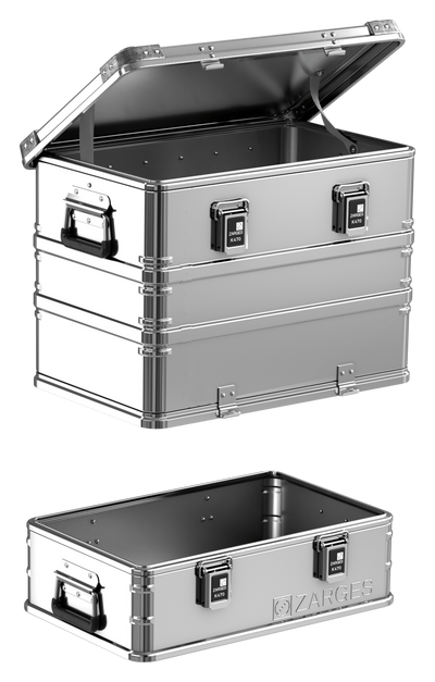ZARGES K470-Plus Hood Case (units 40500 & 40502) separated: tall hood lifted above the shallow base