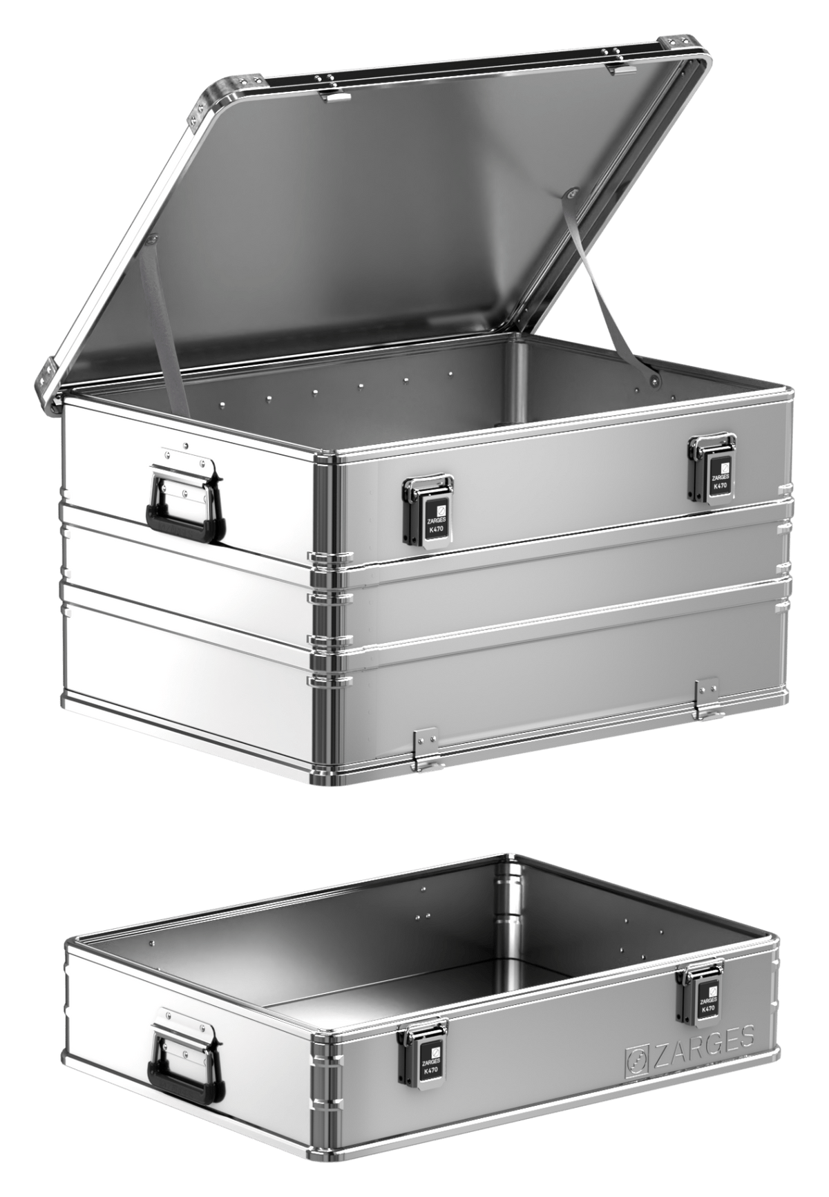 ZARGES K470-Plus Hood Case open, hood lid raised above the separate shallow base tray