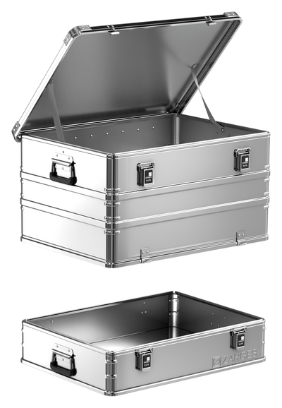 ZARGES K470-Plus Hood Case open, hood lid raised above the separate shallow base tray