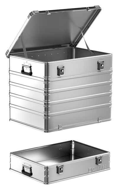 ZARGES K470-Plus Hood Case separated, tall hood with lid open above the shallow base tray