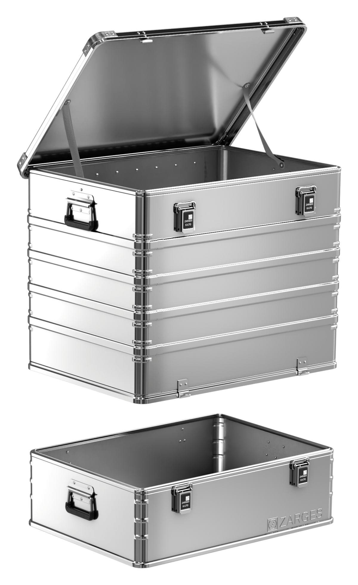 ZARGES K470-Plus Hood Case (units 40504 & 40506), hood lid open, lifted off the separate base tray